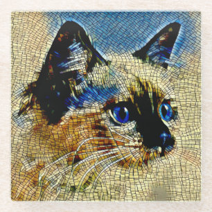 Blue Eyed Siamese Cat Mosaic Tiles Glass Coaster