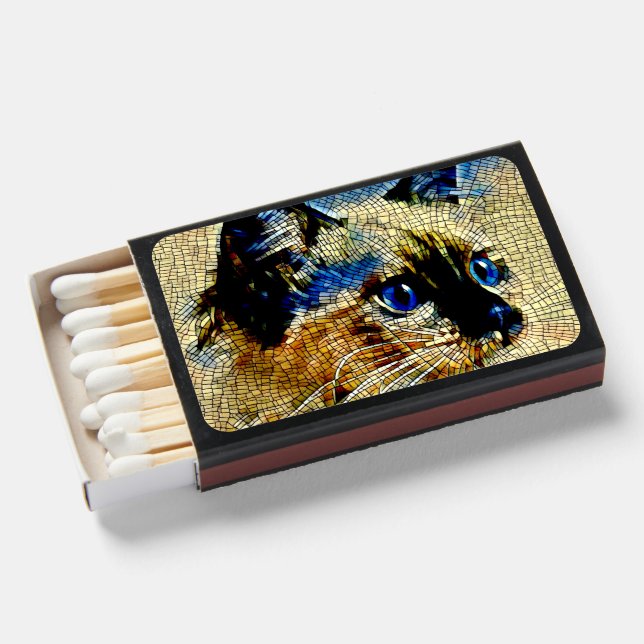 Blue Eyed Siamese Cat Mosaic Tiles Matchboxes (Front Open)