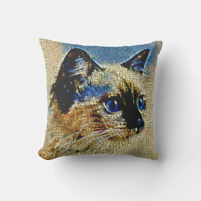 Blue Eyed Siamese Cat Mosaic Tiles Outdoor Pillow (Front)