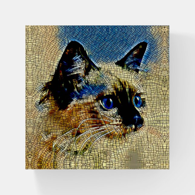 Blue Eyed Siamese Cat Mosaic Tiles Paperweight (Front)