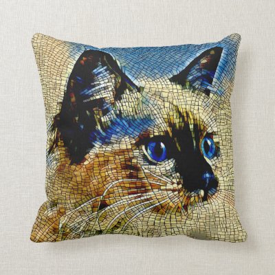 Blue Eyed Siamese Cat Mosaic Tiles Throw Pillow