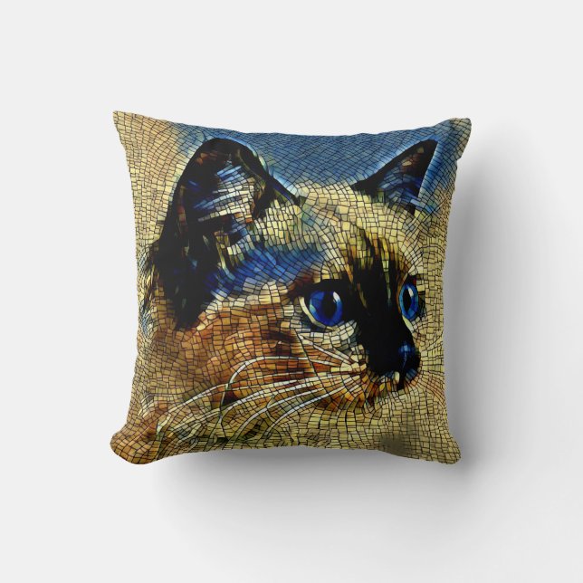 Blue Eyed Siamese Cat Mosaic Tiles  Throw Pillow (Front)