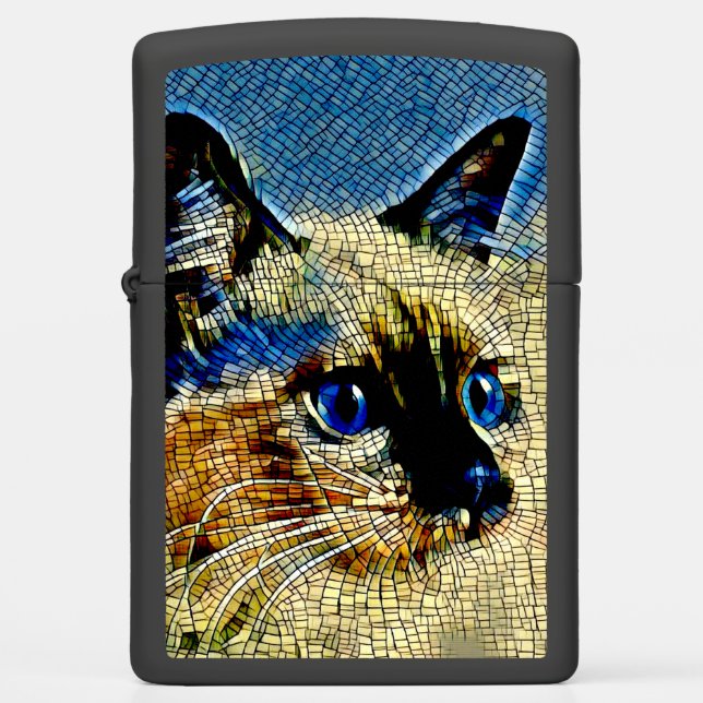 Blue Eyed Siamese Cat Mosaic Tiles Zippo Lighter (Front)