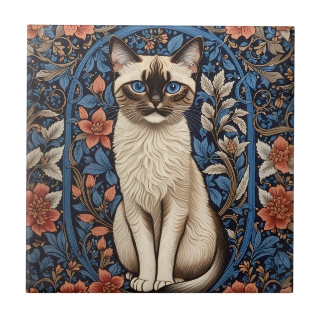 Blue Eyed Siamese Cat William Morris Inspired Ceramic Tile (Front)
