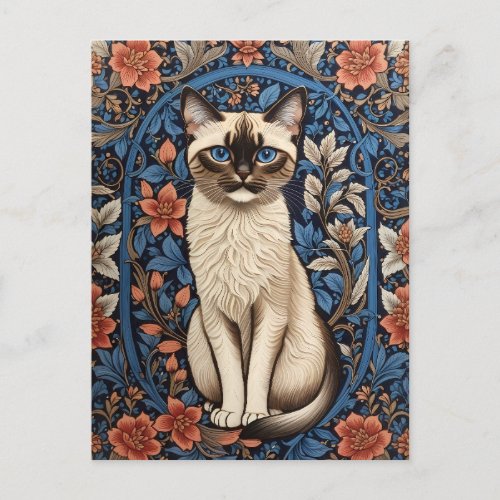 Blue Eyed Siamese Cat William Morris Inspired Postcard
