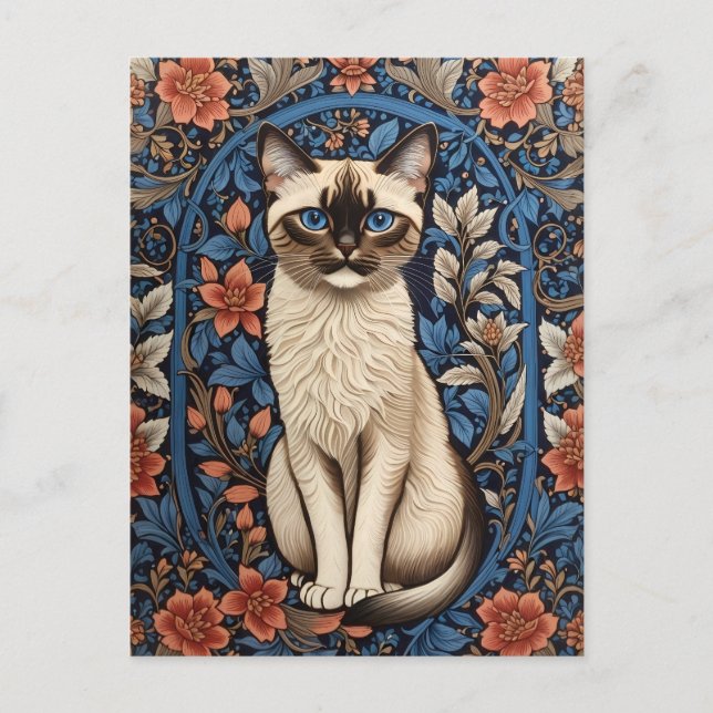 Blue Eyed Siamese Cat William Morris Inspired Postcard (Front)