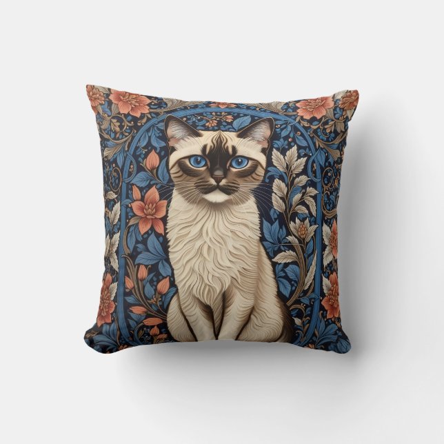 Blue Eyed Siamese Cat William Morris Inspired Throw Pillow (Front)