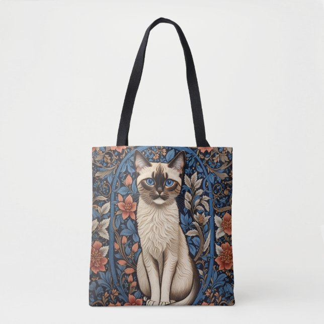 Blue Eyed Siamese Cat William Morris Inspired Tote Bag (Front)