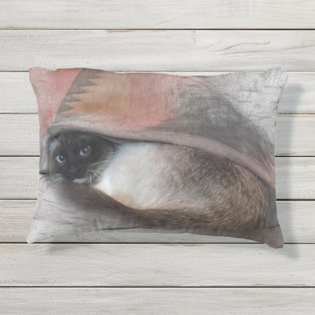 Blue Eyed Siamese Kitten Under Blanket Photo Outdoor Pillow (Back)