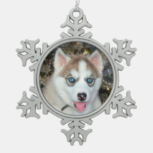 Blue eyed Siberian Husky Christmas Snowflake Pewter Christmas Ornament