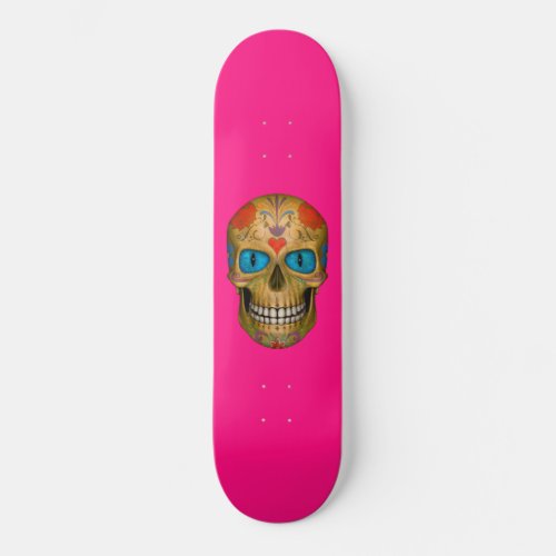 Blue Eyed Sugar Skull Zombie Hot Pink Skateboard