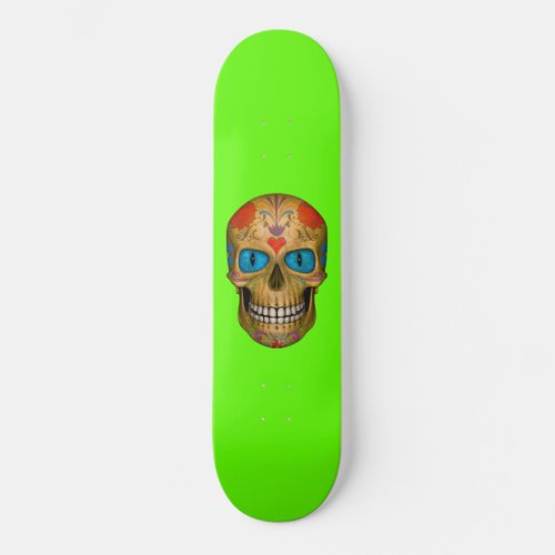Blue Eyed Sugar Skull Zombie Neon Green Skateboard