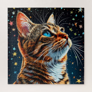 Blue Eyed Tabby Cat Starry Night Puzzle For Adults