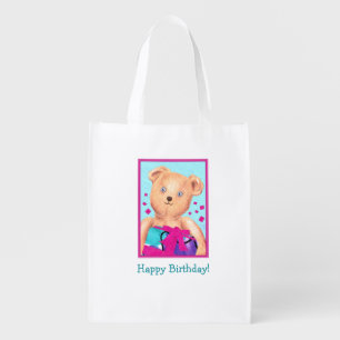 Blue-eyed Teddie Bear Reusable Fold&Snap Birthday Grocery Bag