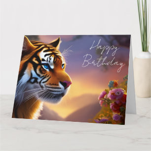 Blue Eyed Tiger and Pink Flowers  Card