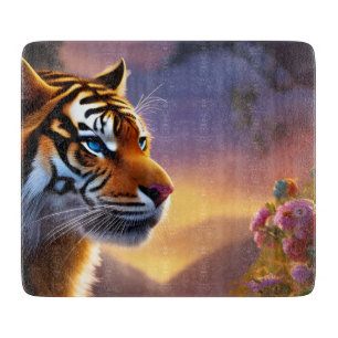 Blue Eyed Tiger and Pink Flowers Cutting Board