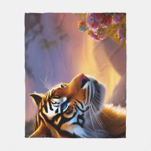 Blue Eyed Tiger and Pink Flowers Fleece Blanket