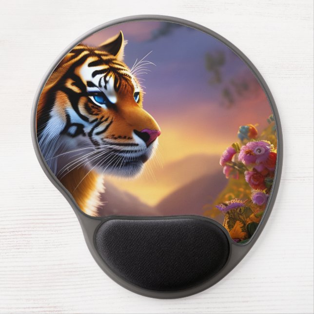 Blue Eyed Tiger and Pink Flowers   Gel Mouse Pad (Front)