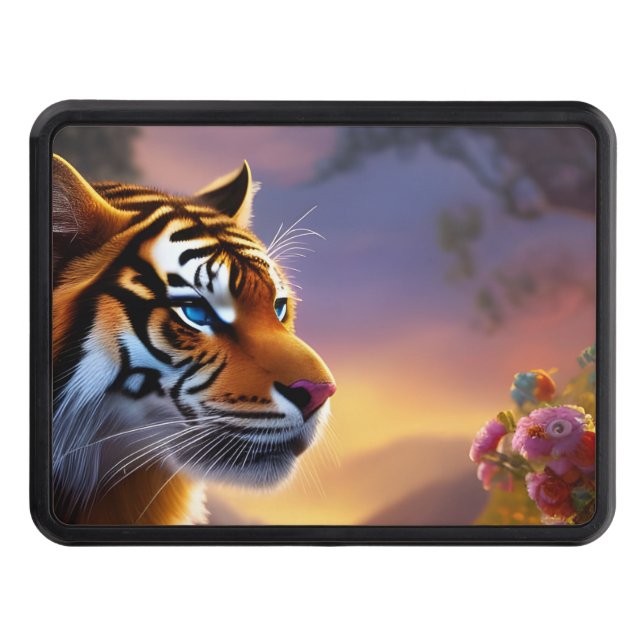 Blue Eyed Tiger and Pink Flowers  Hitch Cover (Front)