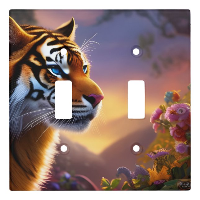 Blue Eyed Tiger and Pink Flowers  Light Switch Cover (Front)