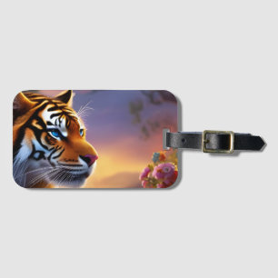 Blue Eyed Tiger and Pink Flowers Luggage Tag