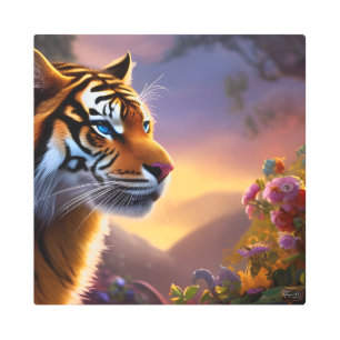 Blue Eyed Tiger and Pink Flowers Metal Print