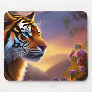 Blue Eyed Tiger and Pink Flowers  Mouse Pad