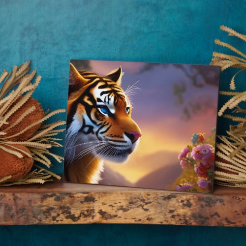 Blue Eyed Tiger and Pink Flowers Plaque