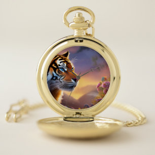Blue Eyed Tiger and Pink Flowers Pocket Watch