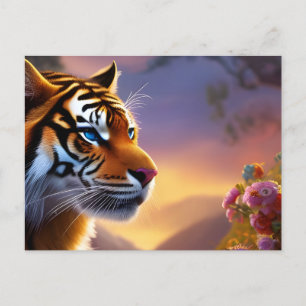 Blue Eyed Tiger and Pink Flowers  Postcard
