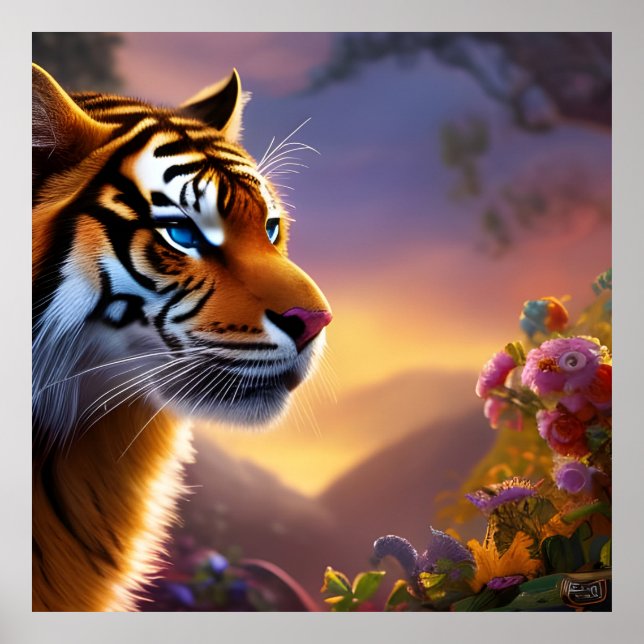 Blue Eyed Tiger and Pink Flowers Poster (Front)