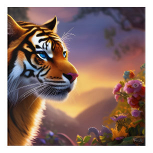 Blue Eyed Tiger and Pink Flowers Poster Acrylic Print
