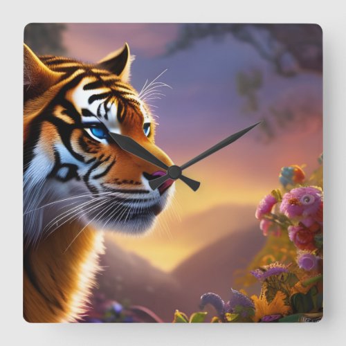 Blue Eyed Tiger and Pink Flowers  Square Wall Clock