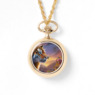 Blue Eyed Tiger and Pink Flowers Watch