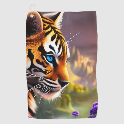 Blue Eyed Tiger Cub and Purple Flowers Golf Towel