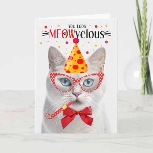 Blue Eyed White Cat MEOWvelous Birthday Card