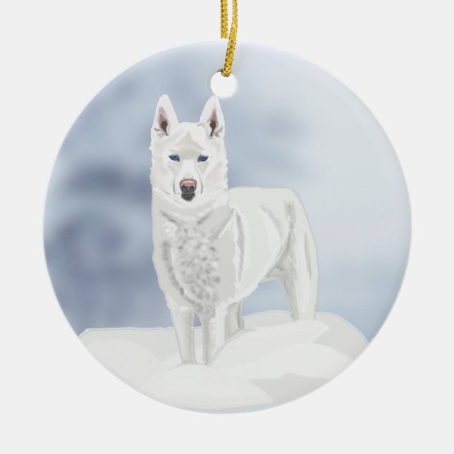 Blue eyed, white Husky, in snow Ceramic Ornament (Front)