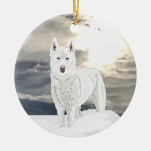 Blue eyed white Husky in snow Ceramic Ornament