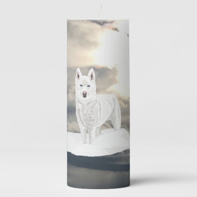 Blue eyed, white Husky, in snow Pillar Candle (Front)