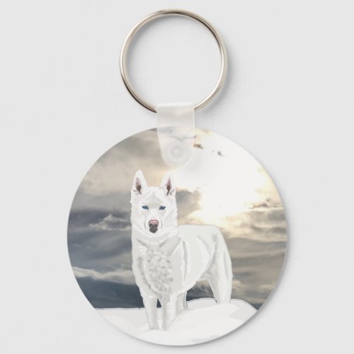 Blue eyed white Husky in snow with Artic Sky Keychain