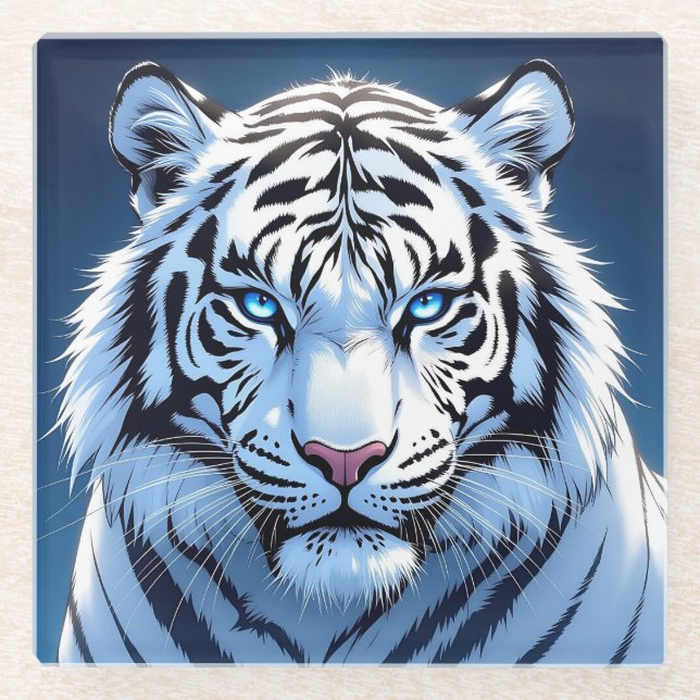 Blue eyed White Tiger Ai Art Glass Coaster (Front)