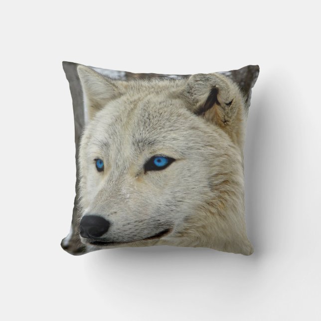 Blue Eyed White Wolf Cushion Throw Pillow (Front)