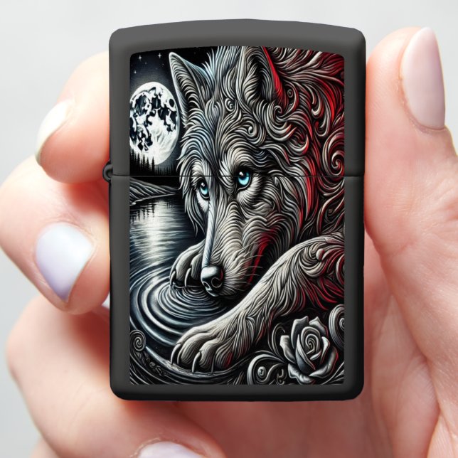 Blue-Eyed Wolf Night Art Zippo Lighter (In Hand)