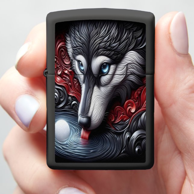 Blue-Eyed Wolf Reflection Scene Zippo Lighter (In Hand)