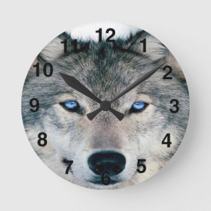 Blue Eyed Wolf Round Clock