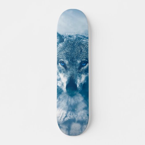 Blue eyed wolf skateboard