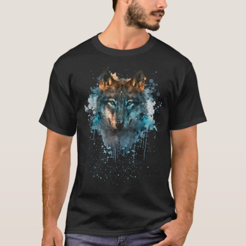 Blue Eyed Wolf Splatter Art T_Shirt