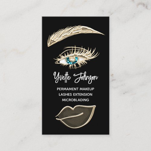 Blue Eyelash Brows Makeup Logo QR Code Gold Black Business Card