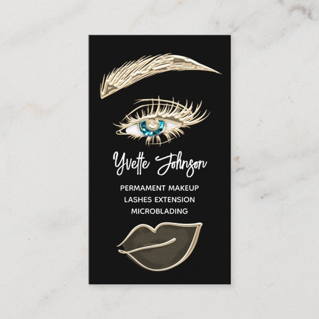 Blue Eyelash Brows Makeup Logo QR Code Gold Black Business Card (Front)
