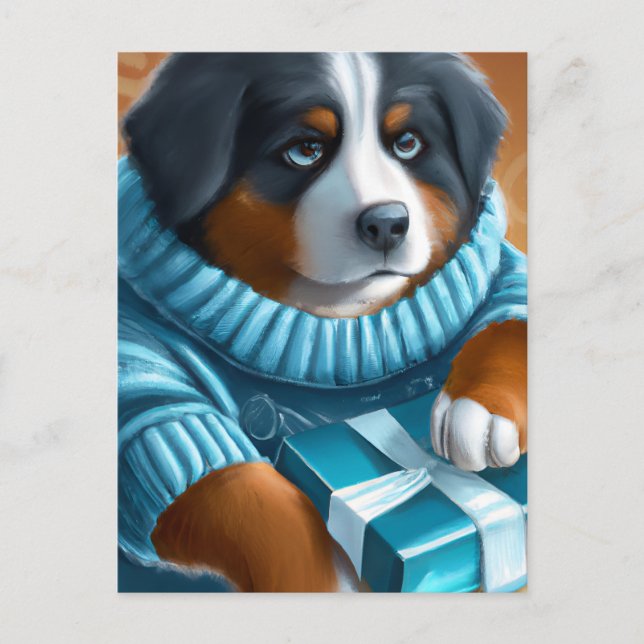 Blue Eyes Bernese Mountain Dog With Present Postcard (Front)